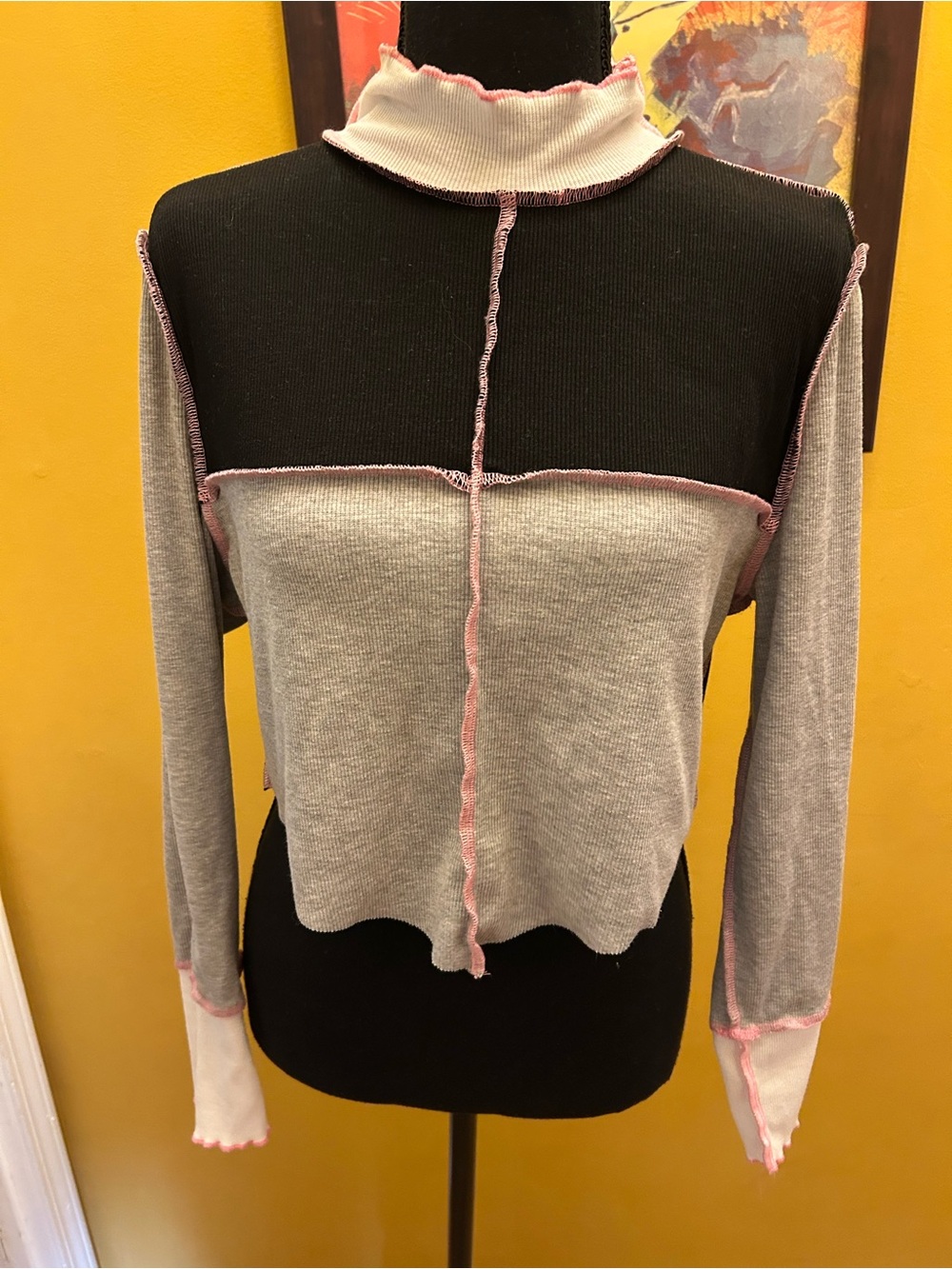 Color Block Mock Neck Long Sleeve Top W/Piping Size 1X